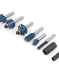 Top Tier Alloy Steel Router Bit Set With 8 Essential Pieces For Smooth Woodworking Milling And Precision Carving Tasks Using 1/4 Inch Shank Design For Pro Shop Results, featuring various router bits.