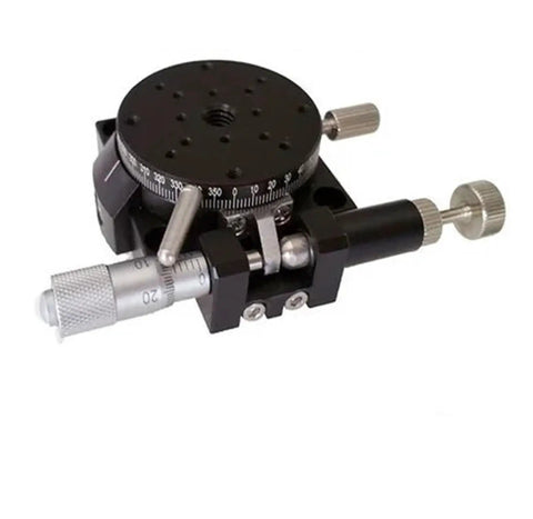 Motorized Rotary Positioning Stage With Precision Electric Rotary Platform And Fine Tuning Sliding Table, black metal body.