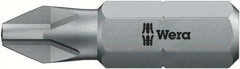 Close-up of a bit from Stubby Ratchet Screwdriver With Bit Magazine, 6-Piece Set, showing metal construction and branded side view.