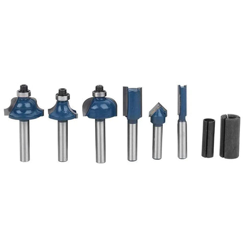 Top Tier Alloy Steel Router Bit Set With 8 Essential Pieces For Smooth Woodworking Milling And Precision Carving Tasks Using 1/4 Inch Shank Design For Pro Shop Results, displaying various router bits.