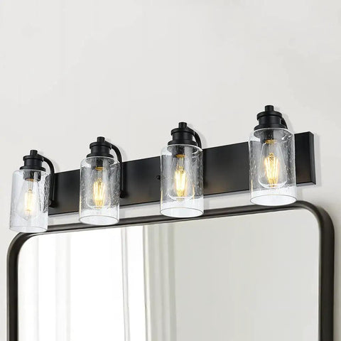 Four Light Black Wall Sconce Vanity Light with Seedy Glass Shades 28 Inch modern bathroom mirror hallway lighting fixture