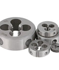 Metal threading dies for machining, assorted sizes, shown in a group, durable for precision cutting