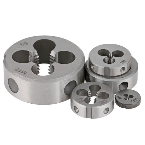 Metal threading dies for machining, assorted sizes, shown in a group, durable for precision cutting