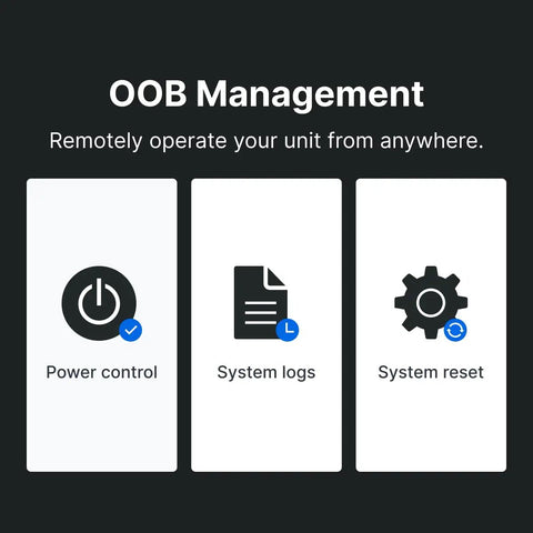 OOB Management interface showing power control, system logs, and system reset options for the Heavy Duty Built Like A Tank 12 Bay Rack Mount Nas Server.