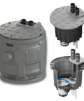 Heavy Duty 24 Inch Sewage Ejector Basin With Grinder Pump System Built Like A Tank For Rock Solid Residential And Commercial Wastewater Handling Featuring One Horsepower Motor Stainless Steel Blades And 66 Gallons Per Minute Flow, showing top view and cross-section.