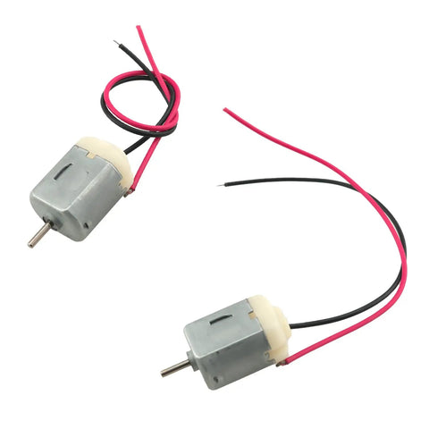 Image of two Six Pack 130 Size Mini DC Motors 3V with 15 cm copper wire for small DIY projects like toothbrushes and toys.