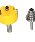 Top Shelf Rabbet Router Bit Set With Six Interchangeable Guide Rollers And Half Inch Shank for woodworking, featuring a yellow carbide bit and steel bit.