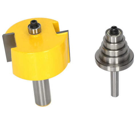 Top Shelf Rabbet Router Bit Set With Six Interchangeable Guide Rollers And Half Inch Shank for woodworking, featuring a yellow carbide bit and steel bit.