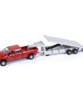 Dodge Pickup With Diecast Trailer And Eleven Bales 1 To 64 Scale Toy Vehicle For Collectors And Kids Moving Wheels Die Cast Construction With Rubber Tires About 9 Inches Long Standard Edition, showing red truck with attached trailer.