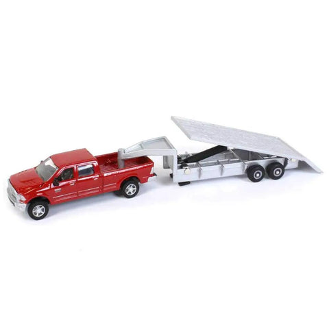 Dodge Pickup With Diecast Trailer And Eleven Bales 1 To 64 Scale Toy Vehicle For Collectors And Kids Moving Wheels Die Cast Construction With Rubber Tires About 9 Inches Long Standard Edition, showing red truck with attached trailer.