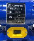 Top Shelf Eight Inch Bench Grinder With A Hella Reliable One Half Horsepower Motor Cranking At 3450 Rpm Featuring Fine And Coarse Polishing Wheels Led Shop Light And Smooth Tool Sharpening Every Day close-up of the motor showing specifications and switch.
