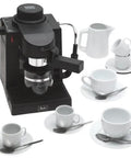 Kickstart Your Daily Grind With This All In One Espresso Maker Kit featuring a compact espresso machine, frothing wand, and cups.