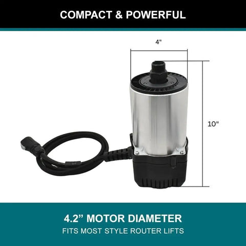 Badass 3 1/4 Horsepower Router Motor With External Variable Speed Control Pumping Out Serious Pull For Router Table And Lift Applications Up To 21000 Rpm Precision Routing, 4.2-inch diameter, 10-inch height.