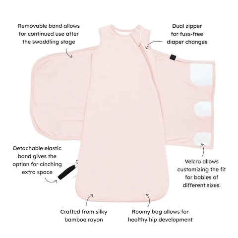 Buttery Soft Bamboo Sleep Sack Swaddler with dual zipper and removable Velcro band breathable rayon 1 TOG blush color
