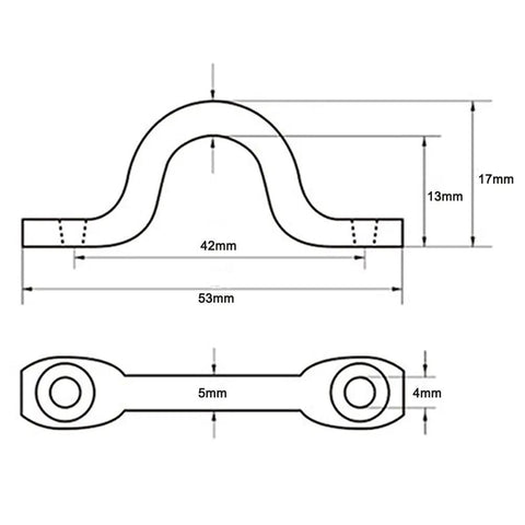 Technical diagram of Eight Pack 316 Stainless Steel Pad Eye Straps Deck Loops For Bimini Boat Tops And Kayaks Includes 16 Screws Accepts Up To Three Eighths Inch Lanyards And Ropes Rustproof Marine Tie Down Hardware showing dimensions and measurements.
