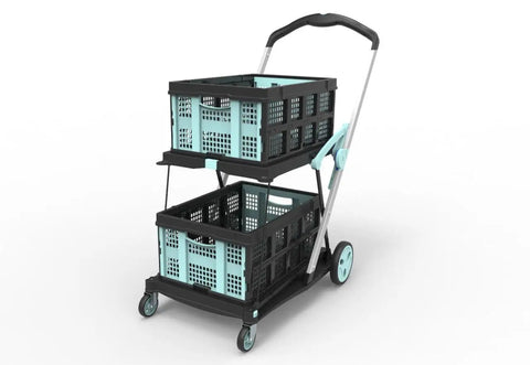 Heavy Duty Foldable Grocery Cart on Wheels, 200 Lbs Capacity with Two Collapsible Crates and Foot Brakes, folding handle visible