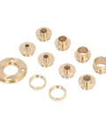 Heavy Duty Brass Router Template Guides Set With Robust Bushing Kit For Precision Woodworking Routing components arranged neatly.