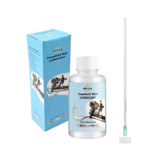 Silicone Treadmill Belt Lubricant 5 Oz Bottle for Ultra Smooth Quiet Runs in front of packaging box and applicator tube.
