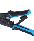 Ratcheting Crimping Tool For 8P And 6P Heads With Protective Device, durable blue-black alloy steel, ergonomic handle, angled view