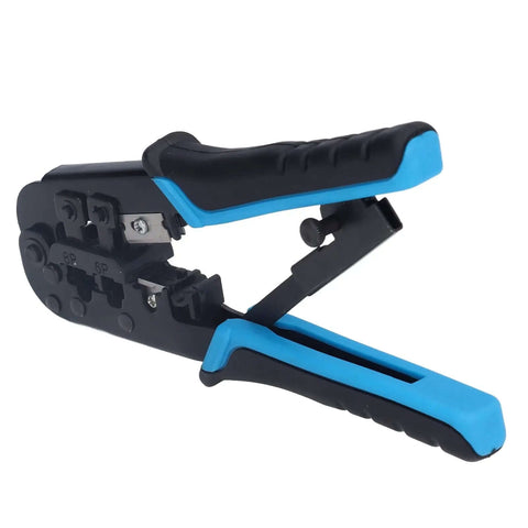 Ratcheting Crimping Tool For 8P And 6P Heads With Protective Device, durable blue-black alloy steel, ergonomic handle, angled view