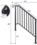 Heavy Duty Wrought Iron Handrail For Outdoor Steps Three Step Staircase, dimensions 47x66x40 inches, rustproof, designed for concrete installation.