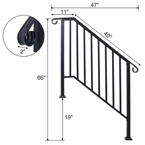Heavy Duty Wrought Iron Handrail For Outdoor Steps Three Step Staircase, dimensions 47x66x40 inches, rustproof, designed for concrete installation.