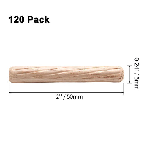 Premium Hardwood Birch Dowel Pins 120 Pieces One Quarter X Two Inch Fluted Joinery Rods Smooth Finish in natural light brown color.