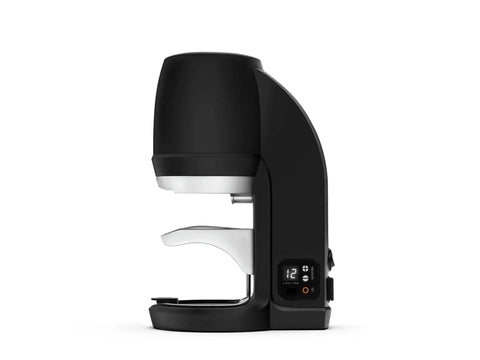 Automatic Espresso Tamper Tool For 58 Mm Commercial Portafilters And Pro Barista Gear Smooth Operator Puck Press in black, side view.