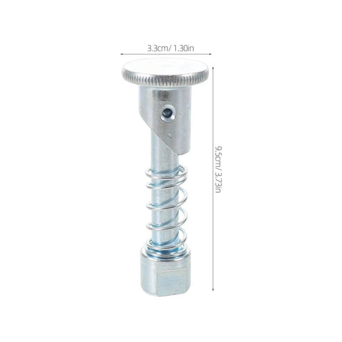 Premium Two Piece Metal Spring Loaded Forklift Locating Pin For 2 3 Ton Industrial Mast Carriage Stop Limit With Tool Free Install And Removal, showing silver metal design with spring.