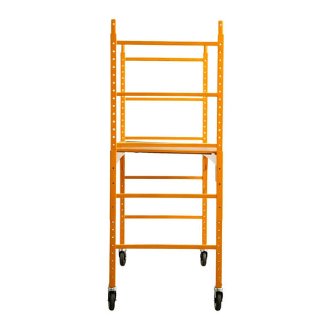 Heavy Duty Baker Style Rolling Steel Scaffold Built Like A Tank For 1000 Lb Loads with locking casters, 6.25 foot height, orange color.