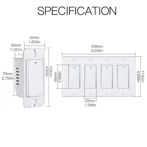 Specifications of WiFi Wall Push Button Smart Light Switch 4 Gang, 2.4GHz, Neutral Wire Required, Remote Control With Smart Life Tuya