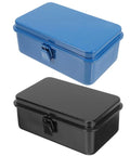 Premium Badass Heavy Duty Steel Toolbox With Secure Locking Lid For Garage Workbench And Car Trunk Storage shown in blue and black.