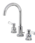 Paris Widespread Bathroom Faucet in polished chrome with solid brass and porcelain lever, deck mount 8 to 16 inch spread.