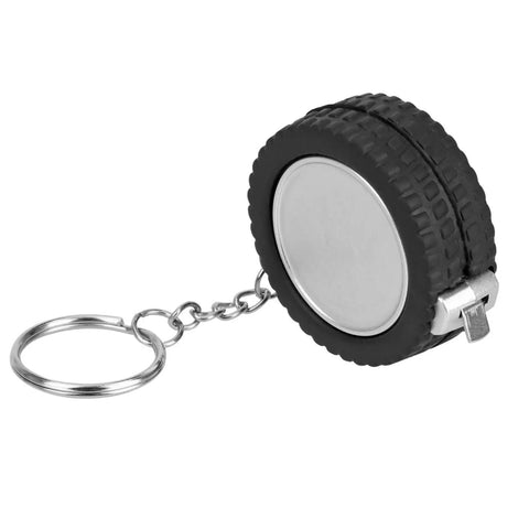 Two Piece Measuring Wheel And Retractable Tape Featuring Cm And Foot Dial And Heavy Duty Click Lock For Slick Fence Lines Tire Gauges And Quick Site Markouts That Handle Hard Labor Like A Champ And Ride Easy In Your Trunk, tire-shaped tape measure on keychain.