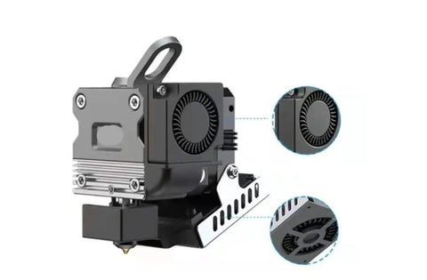 Heavy Duty Direct Drive Extruder With Dual Gear Filament Feeder For 3D Printers, showing detailed design and cooling fan assembly.