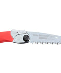 Badass Pocket Folding Saw With 5 Inch Razor Sharp Blade, red handle, and chrome blade for easy backyard chopping and trail woodcutting.