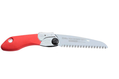 Badass Pocket Folding Saw With 5 Inch Razor Sharp Blade, red handle, and chrome blade for easy backyard chopping and trail woodcutting.