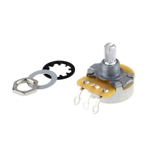 Split Shaft 3/8 Inch 500K Linear Taper Potentiometer for Electric Guitars, showing split shaft and associated washers