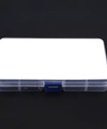Clear plastic storage case with white lid and blue latch, front view