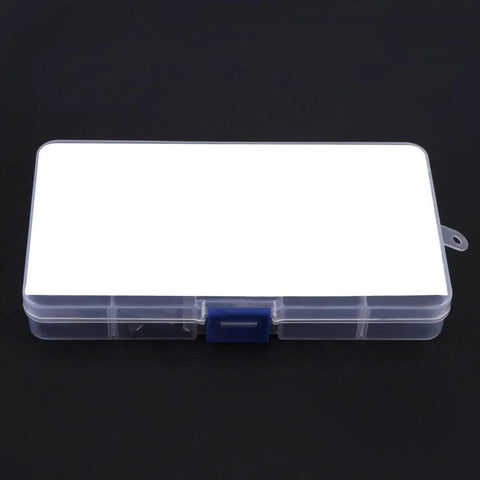Clear plastic storage case with white lid and blue latch, front view