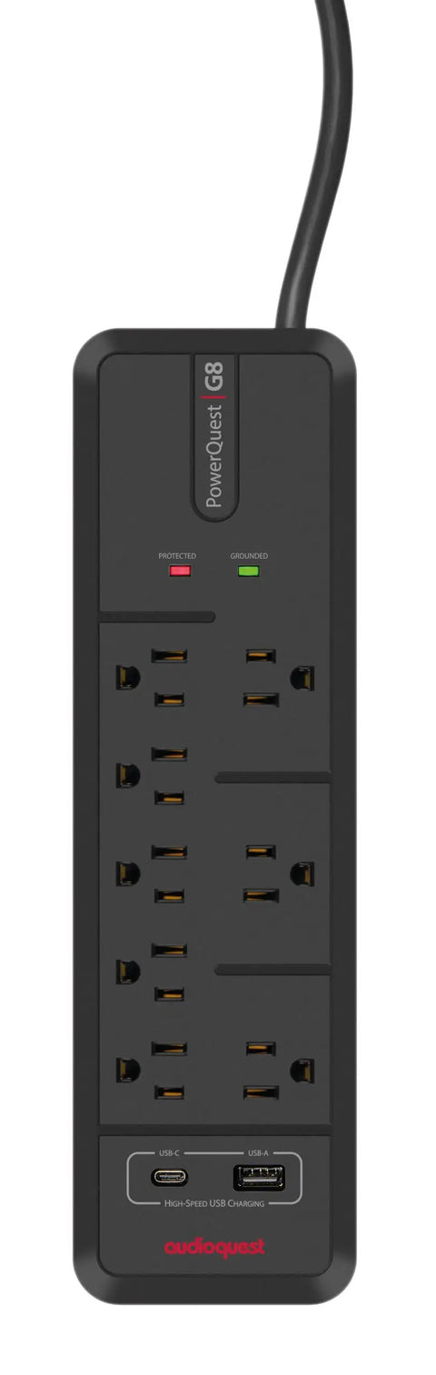 PowerQuest G8 8-Outlet Surge Protector with Micro Spike Protection, black design showing 8 outlets and USB ports.