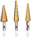 Titanium Coated Step Drill Bit Set With 3 Pieces And 28 Hole Sizes From One Eighth Inch To Three Quarters Inch for Various Materials