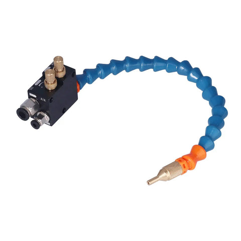 Beefy Mist Coolant Sprayer For Machine Tools With Adjustable Airflow features a flexible blue hose and air control nozzles.