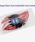Pack of 15 Beefed Up Inline Fuse Holder 5 x 20mm With 16 AWG Wire 32V 20A Fast Blow Screw Type visible in clear plastic bag