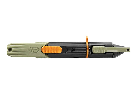 Side view of LineDriver Fishing Multitool 6 In 1 Line Vise Hook Threader Scissors Split Shot Crimper Eyelet Clearing Spike Tether Ring