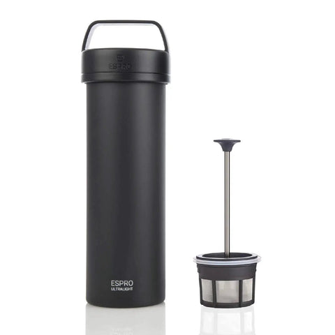 Ultralight Travel French Press Coffee Maker For On The Go Brews, Vacuum Insulated Stainless Steel 16 Ounce Capacity, Matte Meteorite Black
