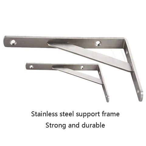 Top Notch Stainless Steel Corner Shelf Brackets, Heavy Duty Wall Mount Supports With Rock Solid Triangular Build displayed.