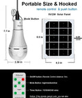 Portable Solar Light Bulb With Timer For Home And Chicken Coop, includes remote control and 2W solar panel dimensions.