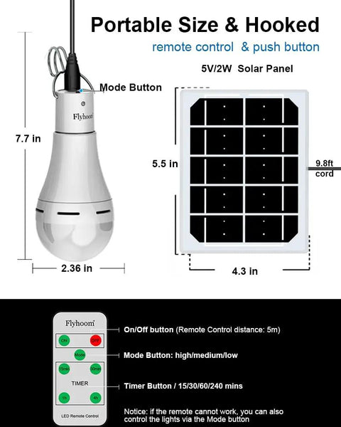 Portable Solar Light Bulb With Timer For Home And Chicken Coop, includes remote control and 2W solar panel dimensions.