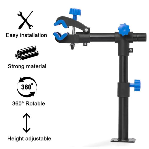 Wall Mount Bike Repair Stand With Telescoping Height From 18.9 to 27.2 Inches, shown with 360 Degree Rotating Clamp, Black